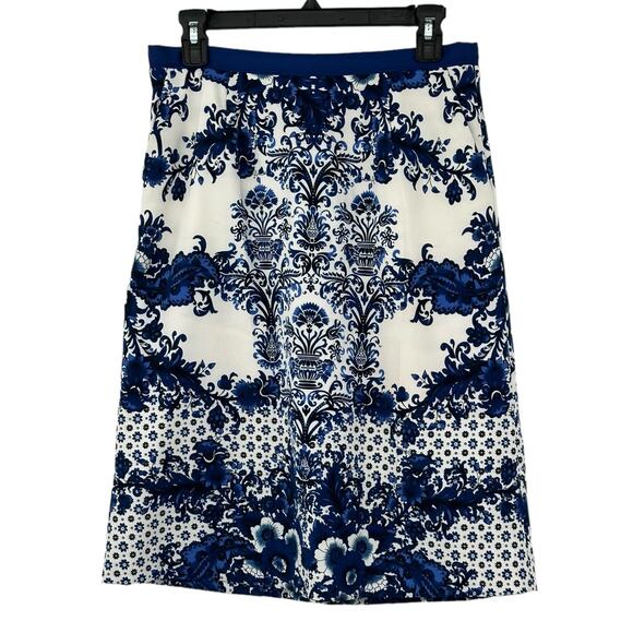 Mario Serrani Skirt Womens 4 A Line Blue White Geo Pockets Stretch Office Work - Picture 1 of 5